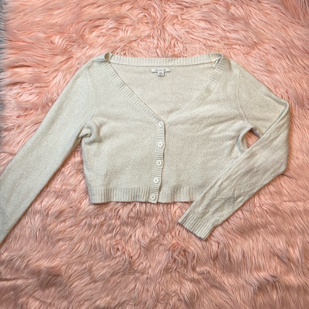 American Eagle White Long Sleeve V Neckβ Button Up Sweater Size Small